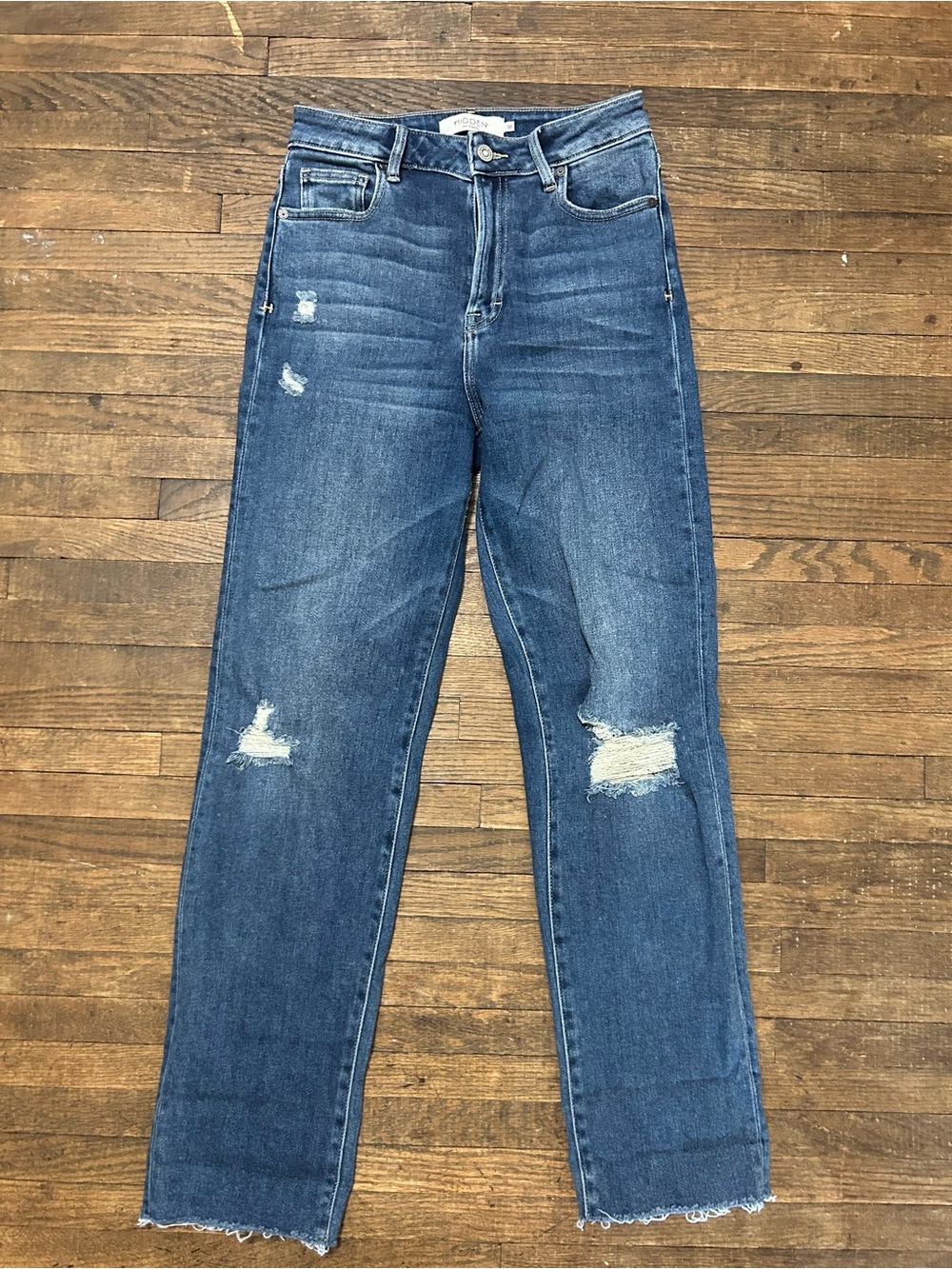 Buckle Hidden High-Rise Distressed Straight Jeans - Blue